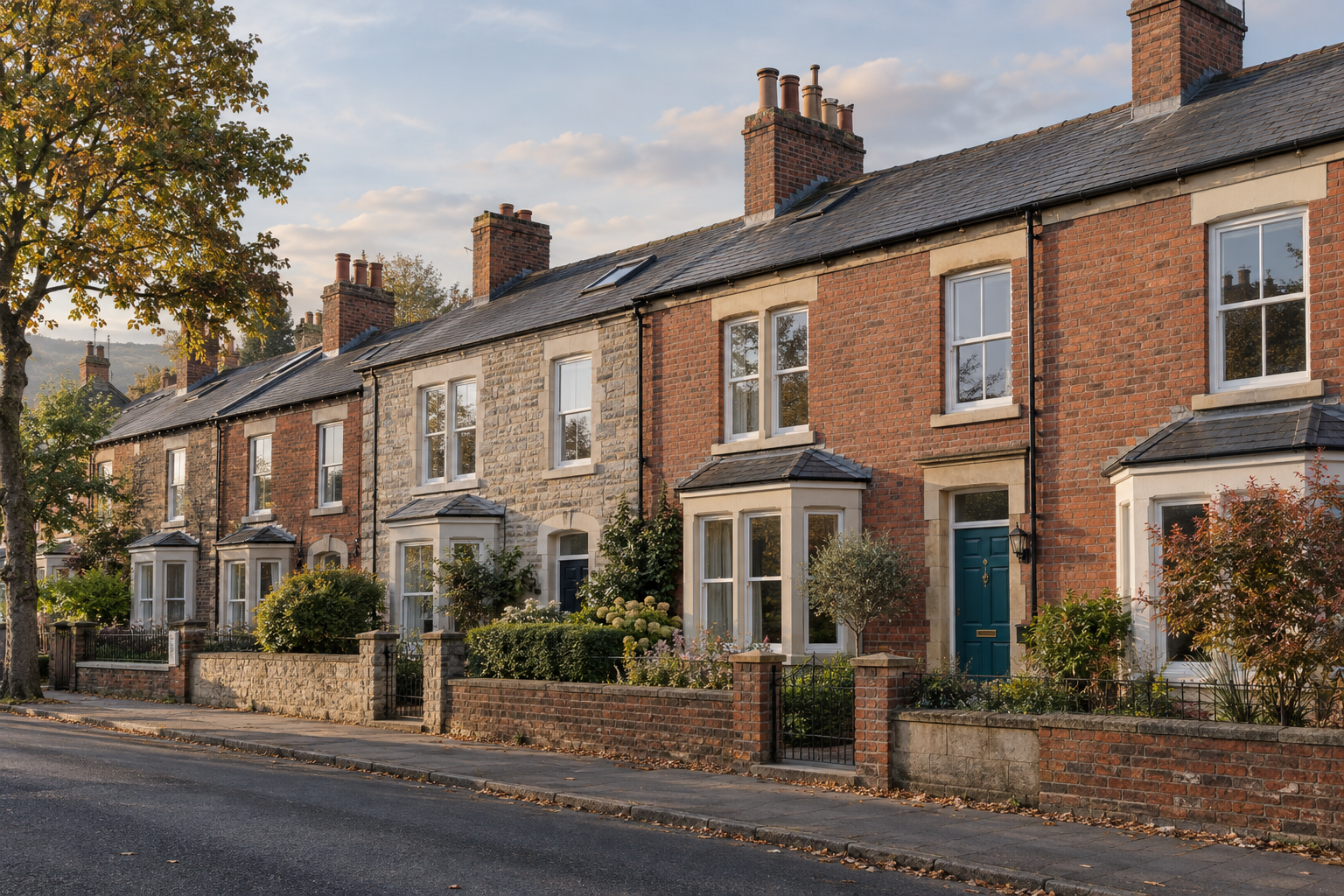 Illustrative view of traditional terraced homes, with brick and stone façades and small front gardens